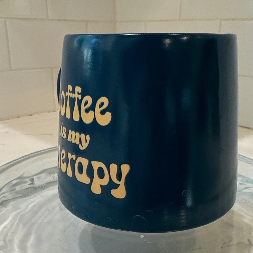 Coffee is My Therapy Navy Blue Coffee Mug with Gold Text